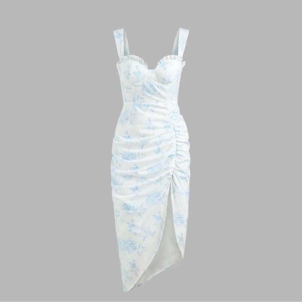 Cider White and Blue Asymmetrical Dress